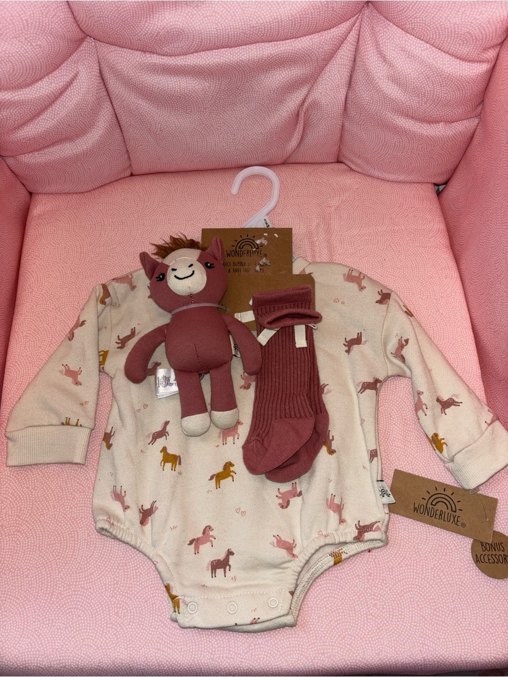 Pink & Cream Horse-Print Long Sleeve One-Piece with Doll & Socks